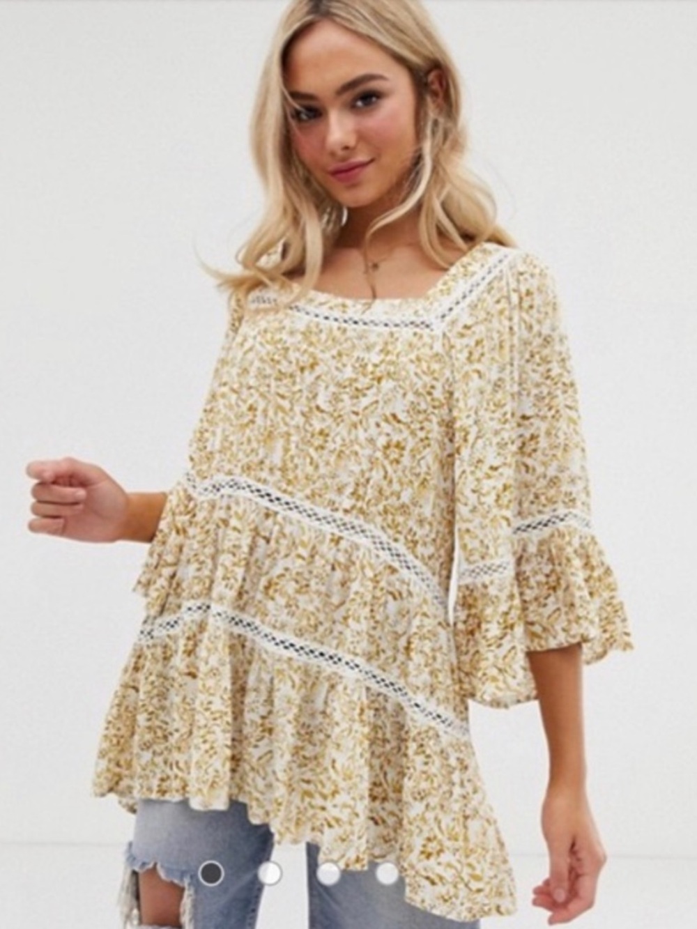 Free People Talk About It Tunic / Mini Dress Yellow Floral XS Ptp 19 Length 28